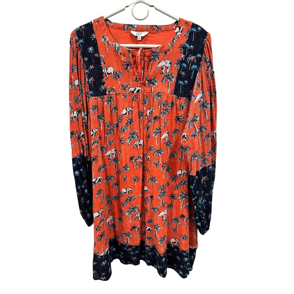 Crown & Ivy Womens XL Orange Elephant Palm Tree Print Long Sleeve Tunic Dress